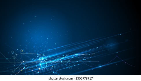 Vector illustration molecule with line, speed movement pattern and motion blur over dark blue background. Hi-tech digital technology concept. Abstract internet, futuristic techno design background