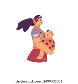 Vector illustration of Mom with baby in a carrier. Close-up of the character and side view, demonstrating the ease and safety of movement when carrying a child. Flat style on isolated background.