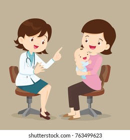 Vector illustration of a mom and baby in doctor's office.Mother and a little son visiting the doctor.