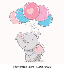 Vector illustration of mom and baby elephant with bunch of pink and blue balloons.