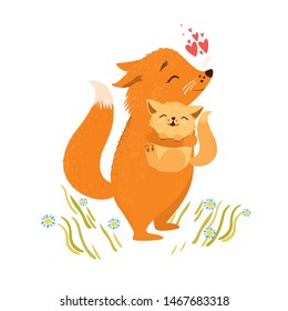 Vector illustration. mom and baby fox hugs and love Happy Mother`s Day Greeting Card