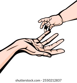 Vector Illustration of Mom and Baby Hands. A baby’s tiny hand resting in a mother’s palm, symbolizing love, care, and bond. A tender moment that captures the essence of motherhood, perfect for themes 