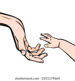 Ilustración vectorial de la madre y las manos del bebé pose 2. La pequeña mano de un bebé descansando en la palma de la mano de una madre, simbolizando amor, cuidado y vínculo. Un momento tierno que captura la esencia de la maternidad.