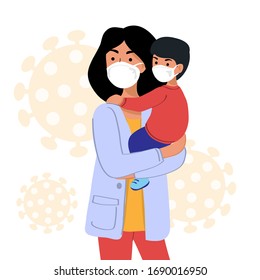 Vector illustration with a mom and baby in protective masks on the background of microbes. Corona virus concept. Epidemic disease concept. China people