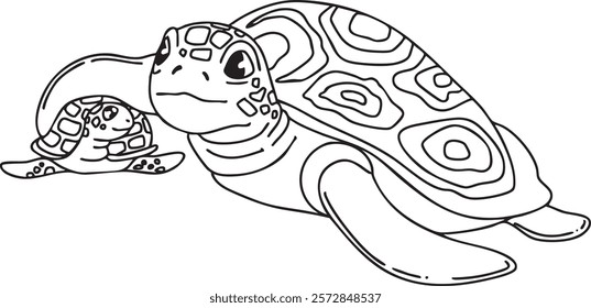 Vector illustration of mom and baby turtles. Patterned shells with geometric designs, giving a playful and friendly appearance. The style is clean and outlined.
