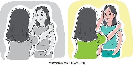ilustración vectorial de mamá acaricia a su hija encantadora en tonos negros y blancos y variaciones de color, dibujado a mano digital