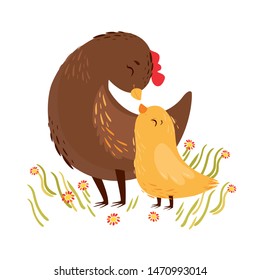 vector illustration. mom chicken and baby chicken. greeting card, mother's day