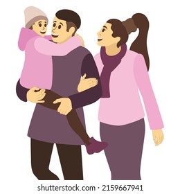 Vector illustration of Mom dad and daughter on a white background. Daughter in the arms of the father. Family in warm clothes. Happy family concept. Family day.