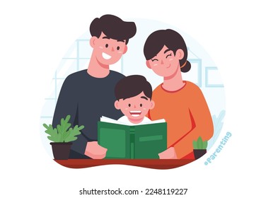 Vektorgrafik-Mutter, Vater und Sohn, die gemeinsam von Chockroachez Buch lesen