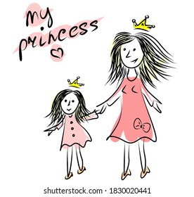 Vector illustration  Mom   daughter are holding hands  Beautiful pink dresses mom   daughter  gold crowns their heads  Cartoon illustration depicting mom   daughter as queen   princess 