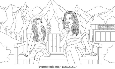 Vector illustration, Mom and Daughter are sitting in the park on a bench eating ice cream, coloring book