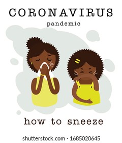 Vector illustration with mom and daughter who show how to sneeze during the coronovirus pandemic