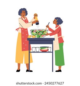 Vector illustration of mom and daughters spending time together making salad. They mix and sprinkle the ingredients, including lettuce leaves and lemons, on the kitchen table.