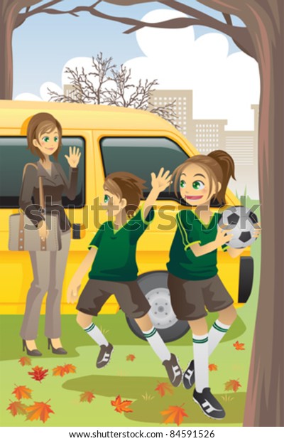 A vector illustration of a mom dropping off her\
kids to soccer practice