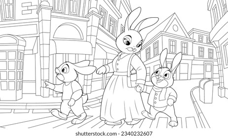 Vector illustration, Mom hare walks with children around the city, coloring book.