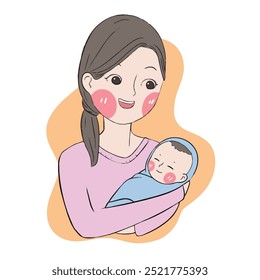 vector illustration of mom hug baby boy in her arm, dra with pencil texture