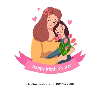 Vector illustration of a mom hugging her daughter. Happy Mother`s Day. Greeting Card.