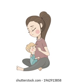 vector illustration of a mom hugging her little son
