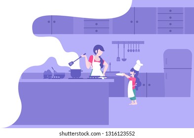 vector illustration mom and kid cooking together flat style