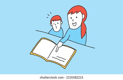 Vector Illustration Of Mom And Kid Reading Book.