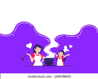 vector illustration mom and kids cooking together flat style