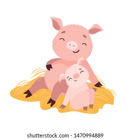 Vector illustration. mom pig and piglet baby. Happy Mothers Day Greeting Card