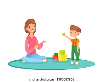 Vector illustration of mom playing blocks with her son on the carpet. Playing at home, time with family, nanny with kid. Cute mommy with son kid in flat cartoon style.