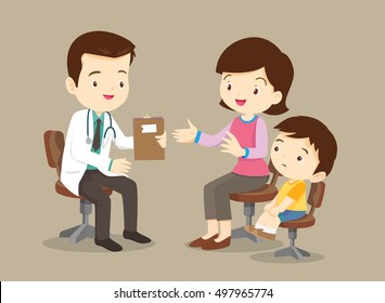 Vector illustration of a mom and son in doctor's office.Mother and a little son visiting the doctor. The pediatrician exams baby's mouth.