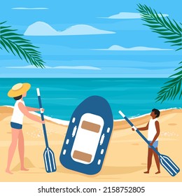 Vector illustration Mom and son is going to sail on an inflatable boat. Sea background. Beach family vacation, travel concept. Summer. Sea coast. Paddles. Marine. Sand.