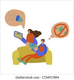Ilustración vectorial Mamá e hijo están sentados en casa, leyendo un periódico o noticias en una tableta. Sentado en casa, mobiliario de casa: moqueta de sofá, flores en maceta. Eventos relacionados con noticias y eventos globales