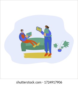 Vector illustration Mom and son are sitting at home, reading a newspaper or news on a tablet. Sitting at home, home furnishings: sofa carpet, potted flowers. Events related to news and global events