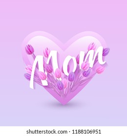 Vector illustration of Mom text floral design with letters in bouquet of pink and purple tulips in heart shape isolated on gradient background - decorative element for Mothers day congratulation.