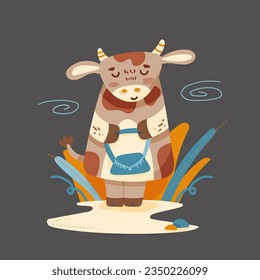 Kid’s vector illustration of a mommy cow holding a purse standing in a countryside with a purse among the bushes. Suitable for children’s books, clothes prints, board games an other products for kids.