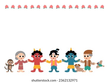 Vector illustration of Momotaro. Well-known folktale in Japan. Momotaro and his friends make peace with the demon. Decorative border with peach pattern.