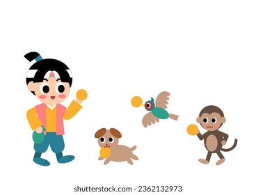 Vector illustration of Momotaro. Well-known folktale in Japan. Momotaro gives millet dumplings to dog, monkey, and pheasant. Cute character illustration.