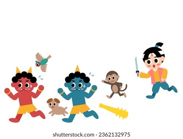 Vector illustration of Momotaro. Well-known folktale in Japan. Momotaro, dog, monkey, and pheasant fighting demons. Cute character illustration.