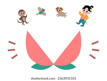 Vector illustration of Momotaro. Well-known folktale in Japan. Dog, monkey, pheasant, and Momotaro jump out of a cracked peach. Cute character illustration.