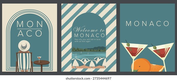 Vector illustration. Monaco, a collection of tourist postcards, banners, covers, and posters. Retro style.