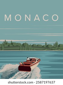 Vector illustration. Monaco, travel poster, banner, postcard, cover. Modern design. Sea, yacht, nature.