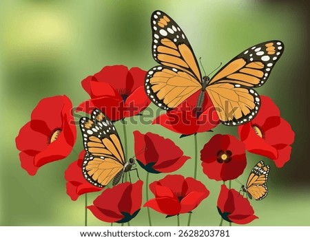 Vector illustration of monarch butterflies resting on vivid red poppies with a soft-focus green background