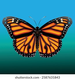 A vector illustration of a monarch butterfly with striking orange and black patterned wings, adorned with white spots along the edges.The butterfly is set against a smooth blue-to-green gradient bg.