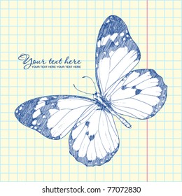 Vector illustration of a monarch butterfly in a writing-book. Vector illustrator. Hand-draw.