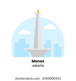 Vector illustration of Monas, the iconic National Monument of Jakarta, Indonesia, standing tall against a clear sky backdrop