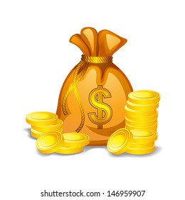 Vector Illustration Of Money Bag Filled With Gold Coin