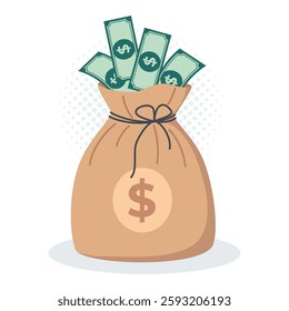 Vector illustration of a money bag filled with dollar bills. Represents financial success, wealth, investment, and prosperity. Perfect for banking, business, and finance concepts.