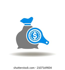 Vector illustration of money bag with magnifier and american coin. Icon of grant. Symbol of subsidy.