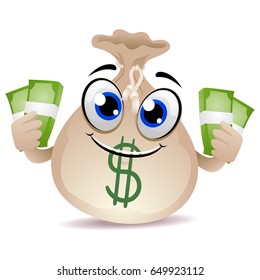 Vector Illustration of Money Bag Mascot holding a Cash