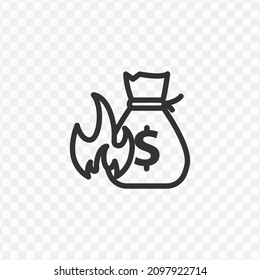 Vector Illustration Of Money Bag On Fire Icon In Dark Color And Transparent Background(png).