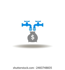 Vector illustration of money bag and taps with coins flow. Icon of revenue multiplication. Symbol of increase finances.