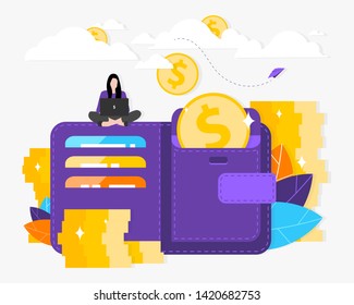 Vector illustration. Money, coin purse, open wallet. Freelance. The concept of earnings and large profits. EPS-10.